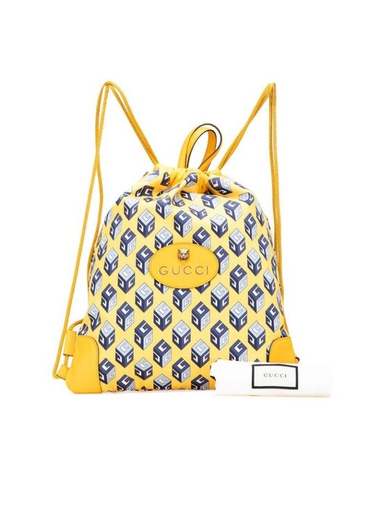 Gucci Toriko Drawstring Cube Backpack Nap Sac Yellow Blue Nylon Leather